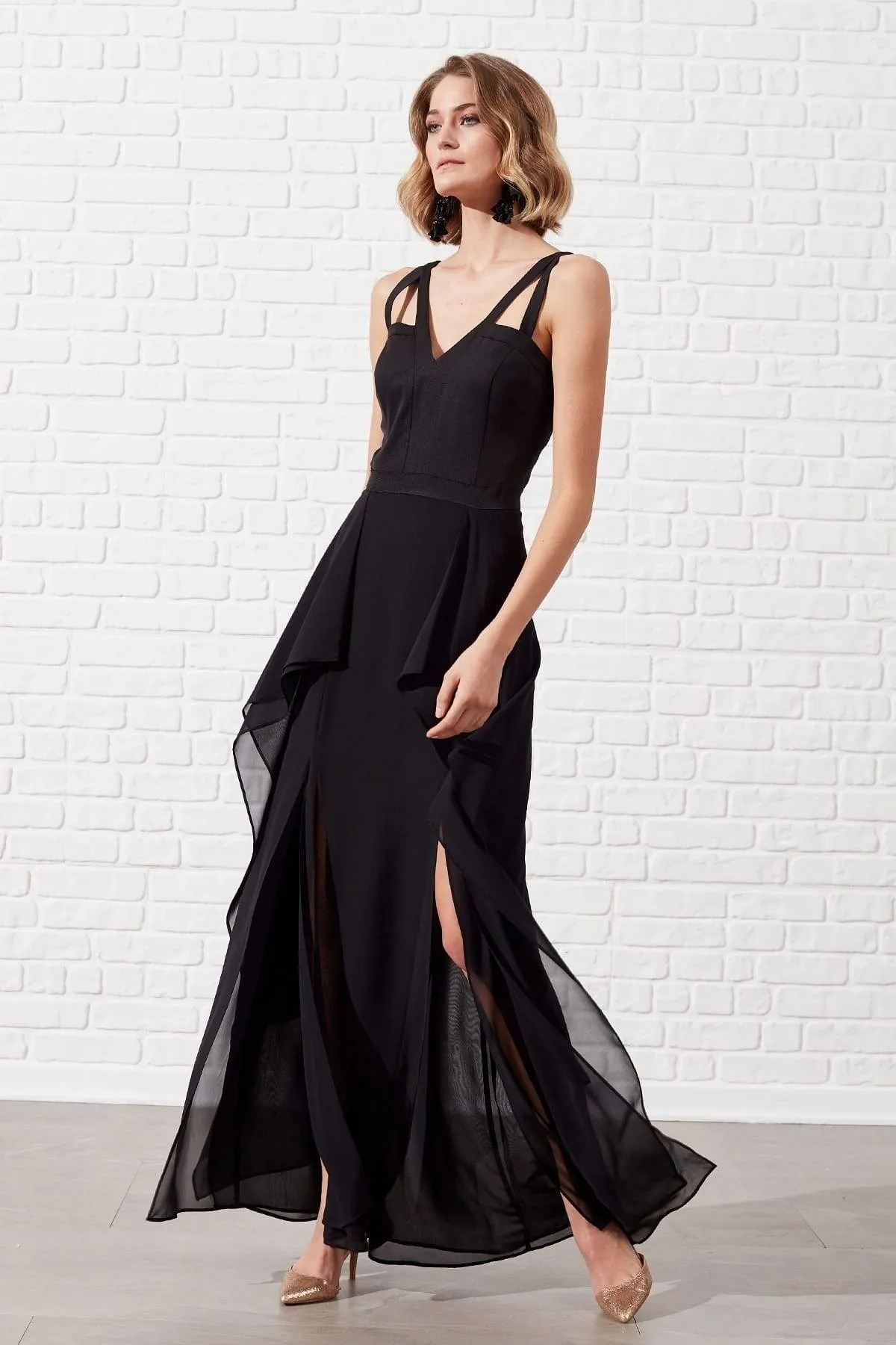 13383 Black Double Slit Dress