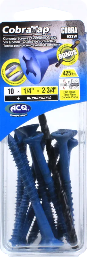 1/4"x2-3/4" Flat Head CobraTap Concrete Screws (10 Pack)