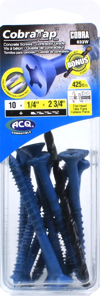 1/4"x2-3/4" Flat Head CobraTap Concrete Screws (10 Pack)