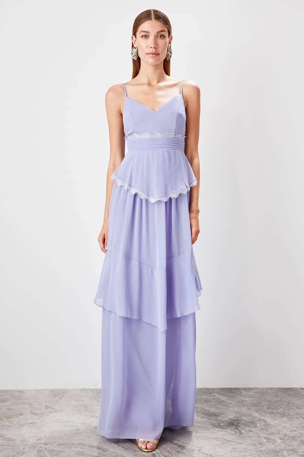 16428 Lilac Lace Trim Strap Dress