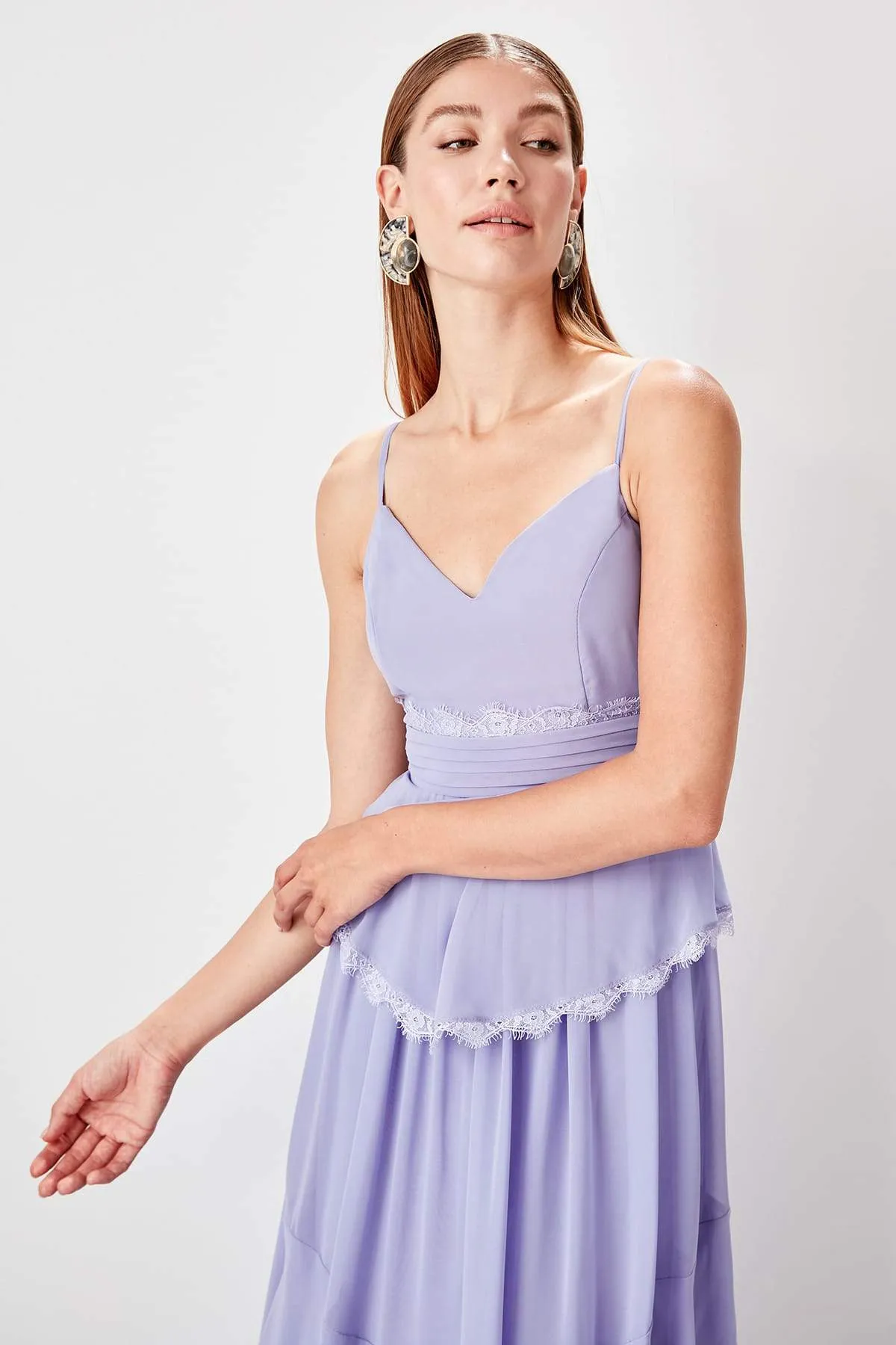 16428 Lilac Lace Trim Strap Dress