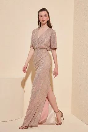 16441 Salmon-Beige Sequined Dress