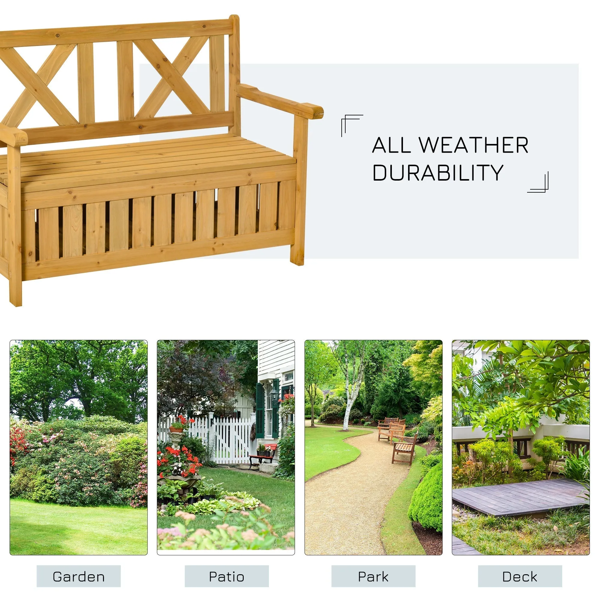 2 Seater Garden Storage Bench for Patio Wood Porch Decor Outdoor Seating