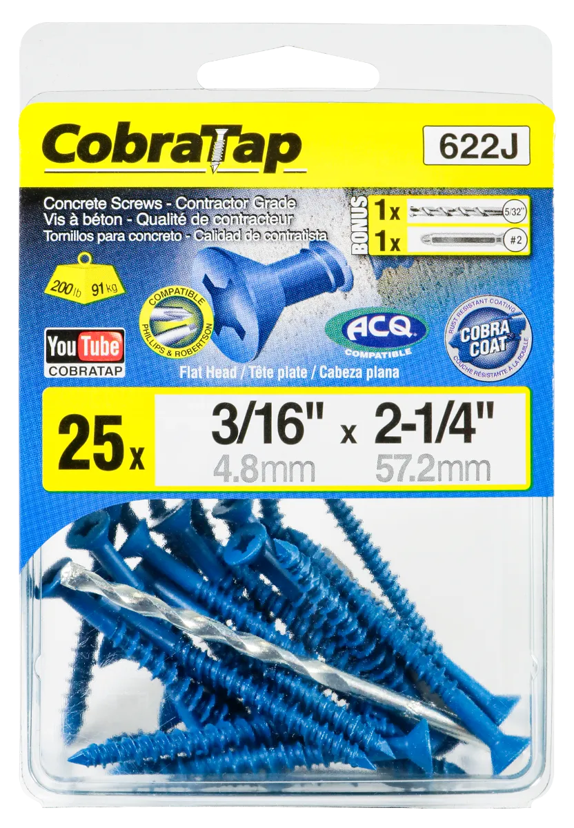 3/16"x2-1/4" Flat Head CobraTap Concrete Screws (25 Pack)