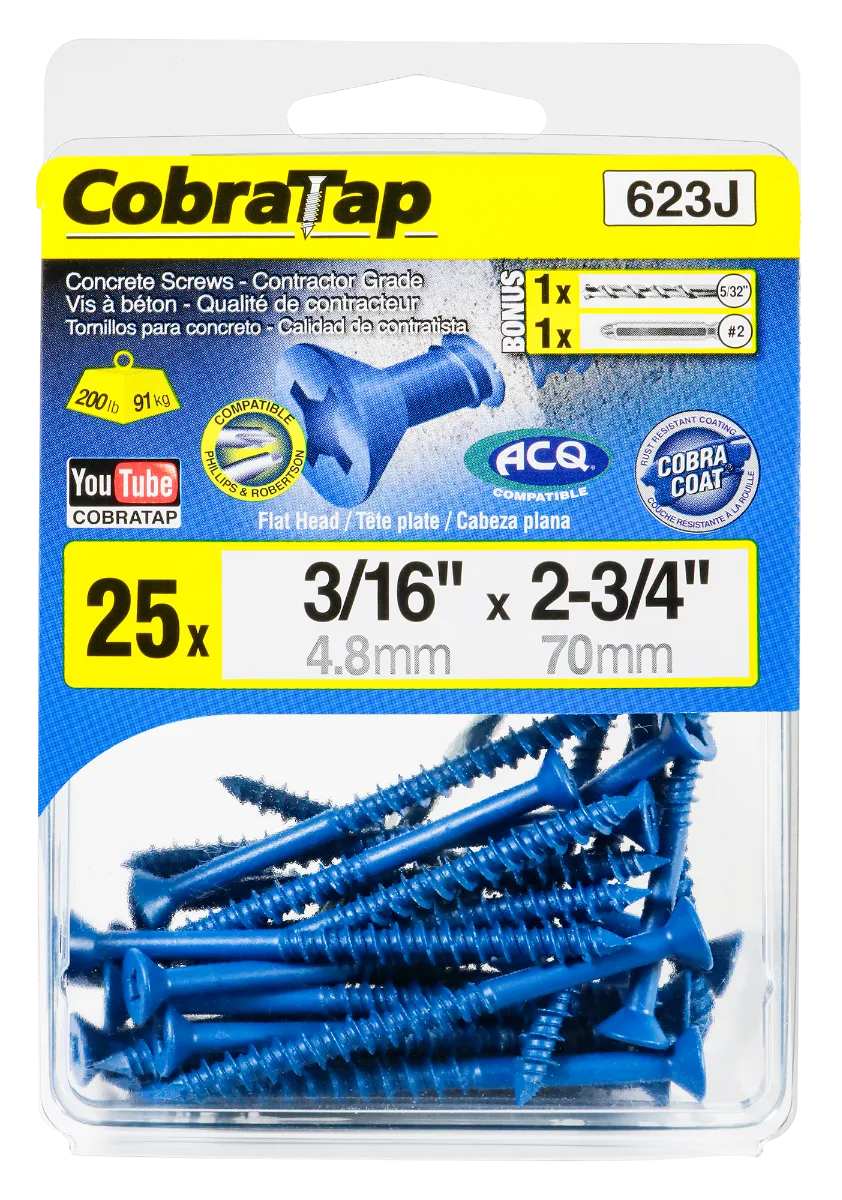 3/16"x2-3/4" Flat Head CobraTap Concrete Screws (25 Pack)