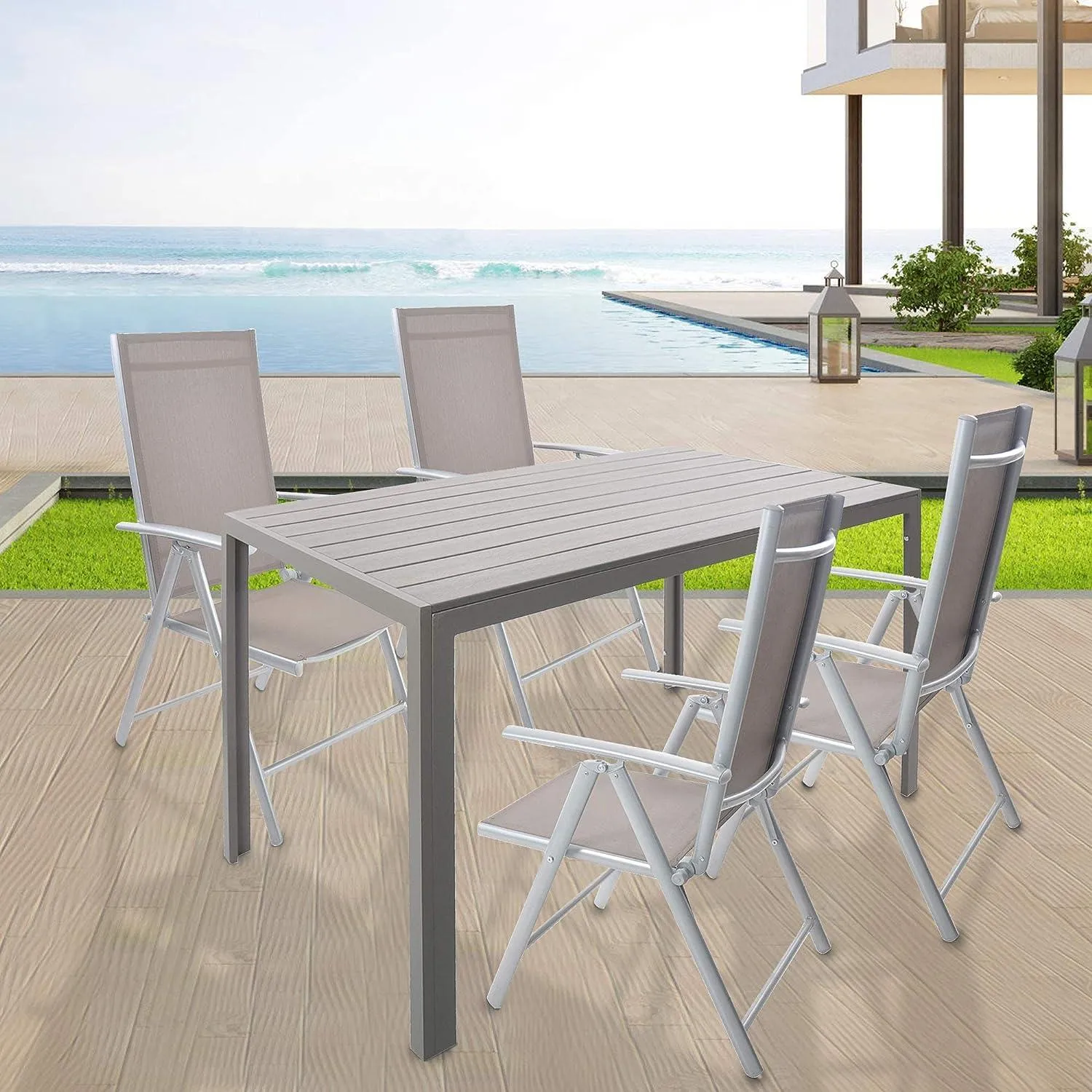 55" Outdoor Patio Dining Table for 4-6 Rectangular Table with Aluminum Frame, Gray