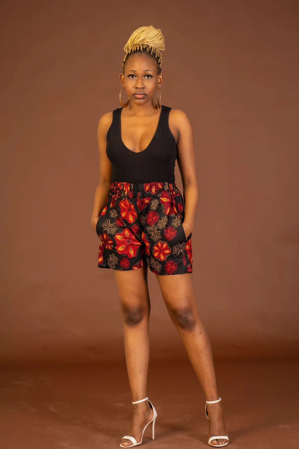Adire Black and Red Ankara High Waisted Short