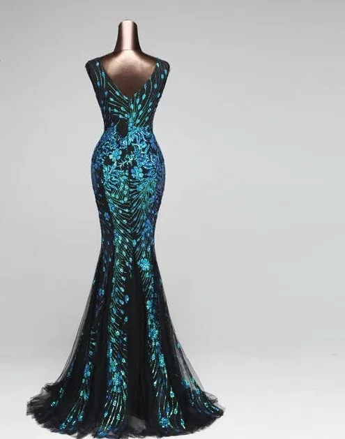 “Alizu” peacock Sequins Elegant deep v long mermaid formal prom dance gown dress