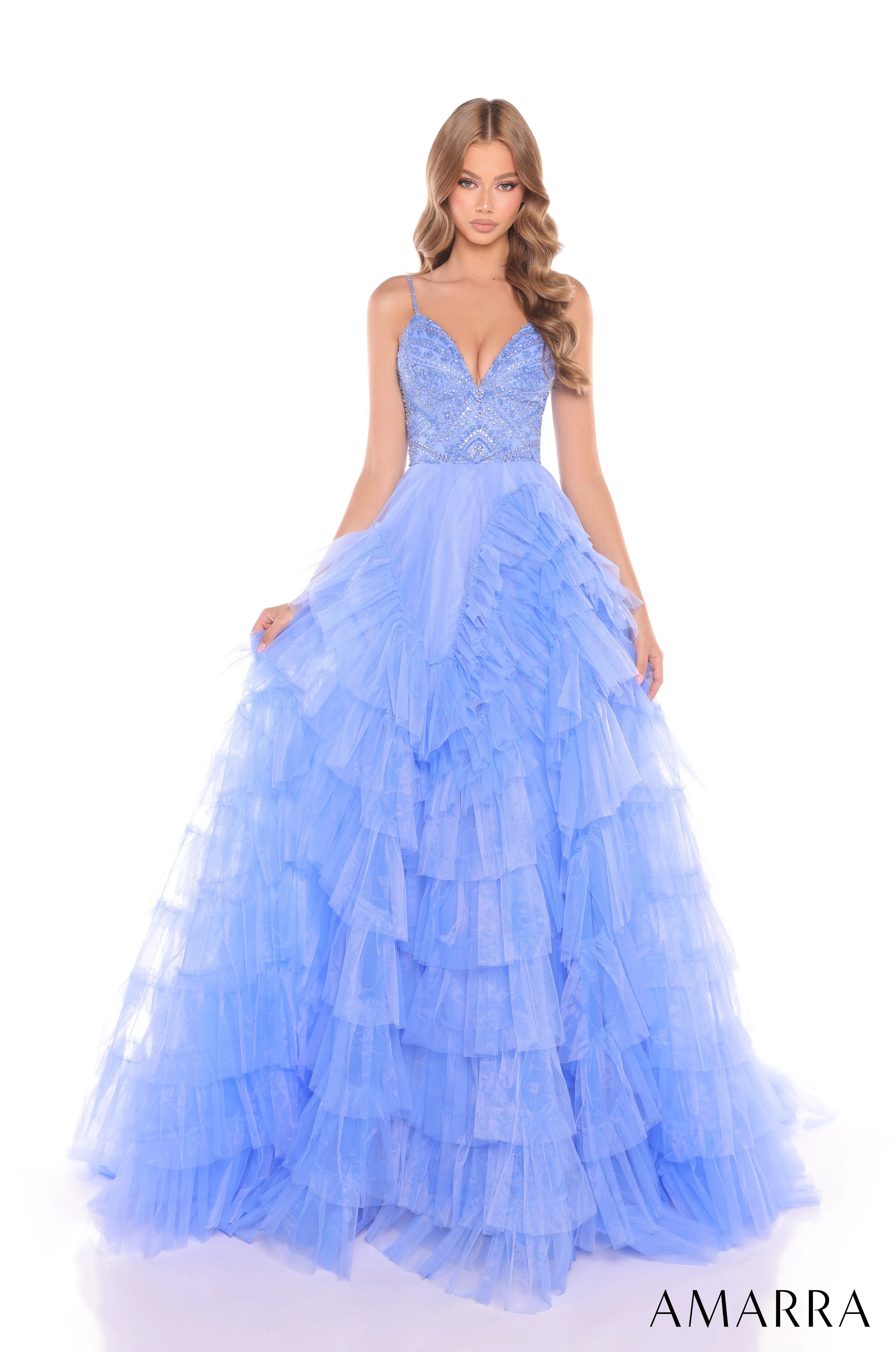 Amarra 88296 Layered Ruffle Ballgown Prom Dress Beaded Bodice Formal A Line Pageant Gown