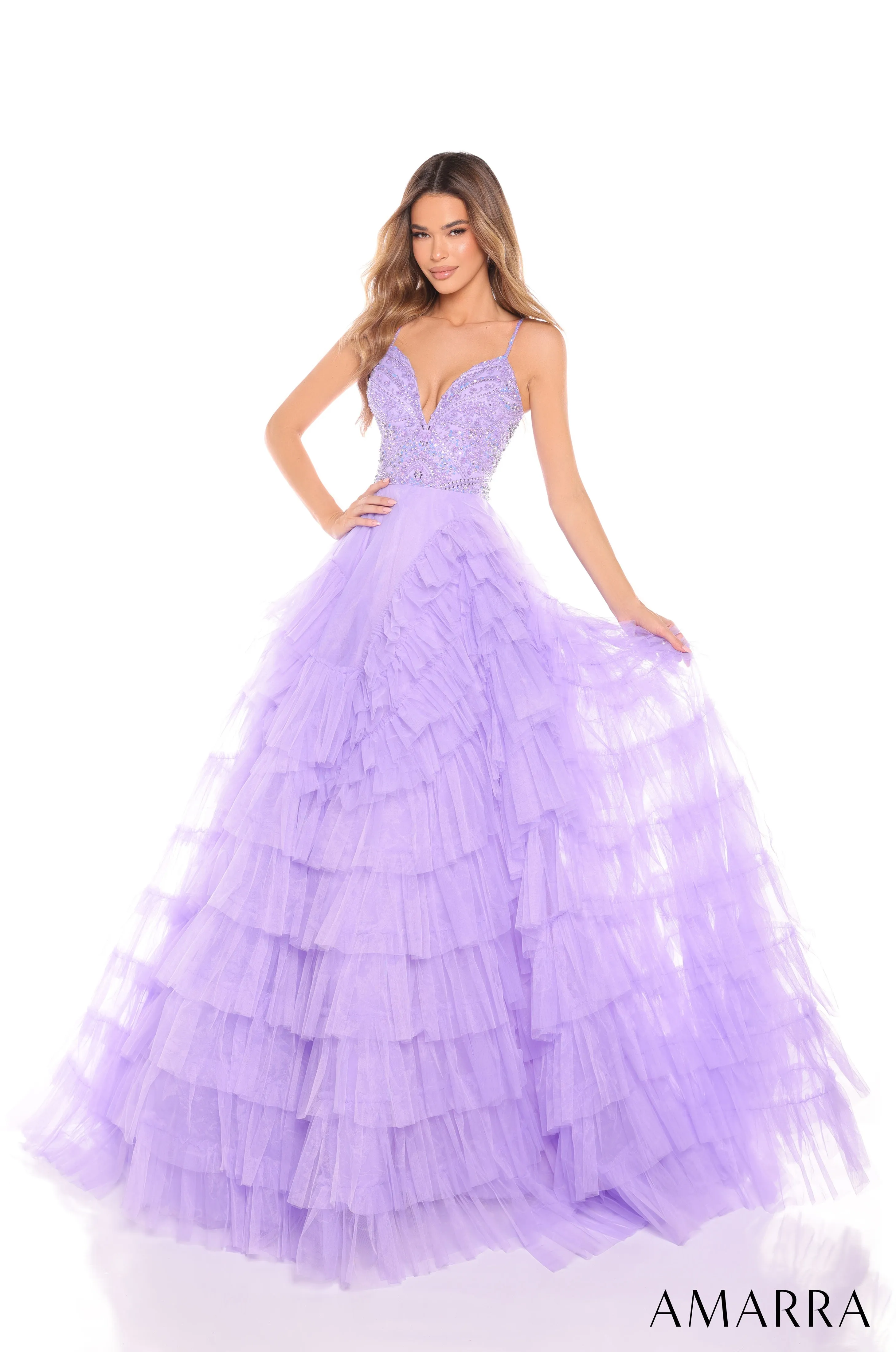 Amarra 88296 Layered Ruffle Ballgown Prom Dress Beaded Bodice Formal A Line Pageant Gown