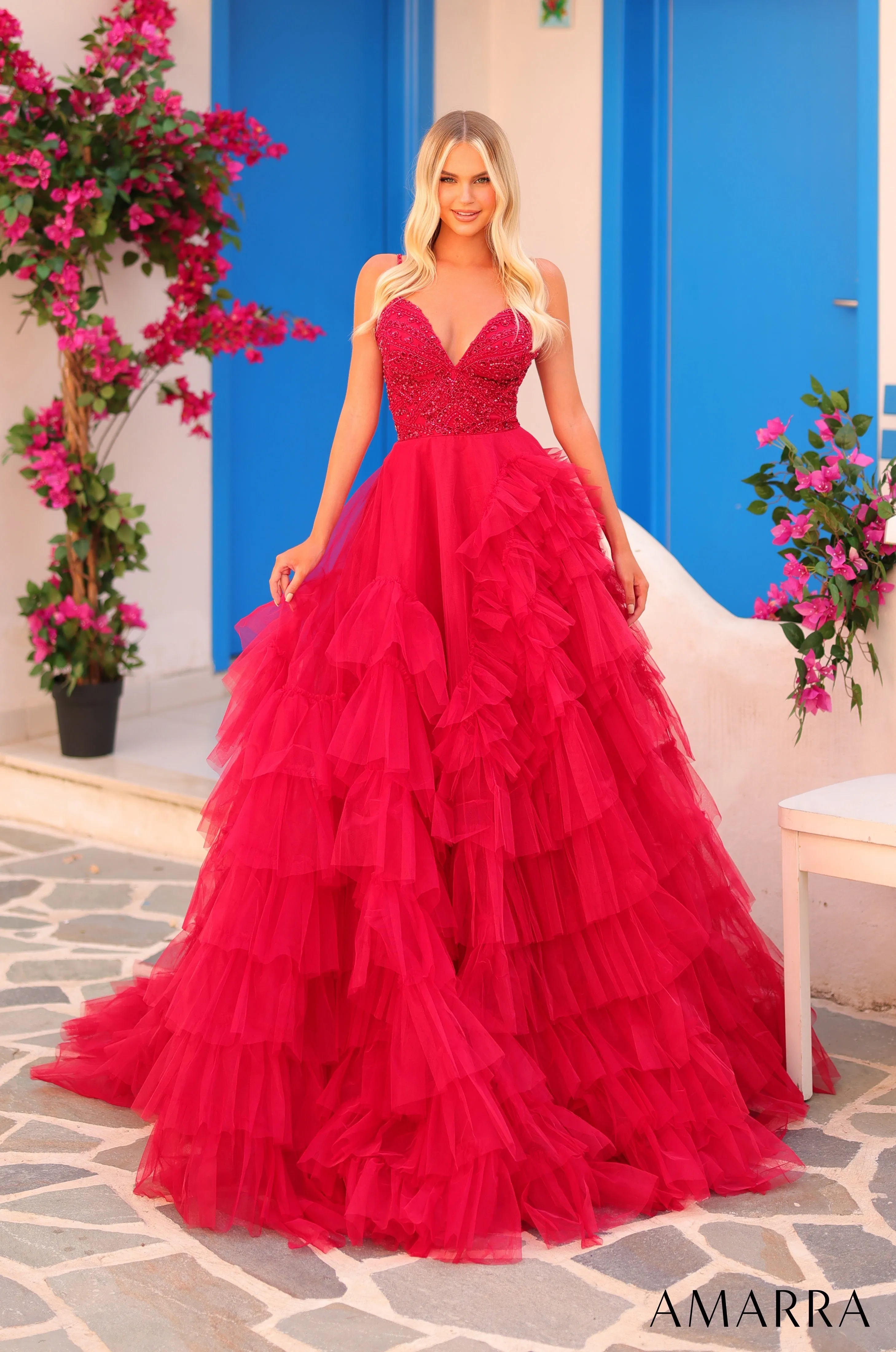 Amarra 88296 Layered Ruffle Ballgown Prom Dress Beaded Bodice Formal A Line Pageant Gown
