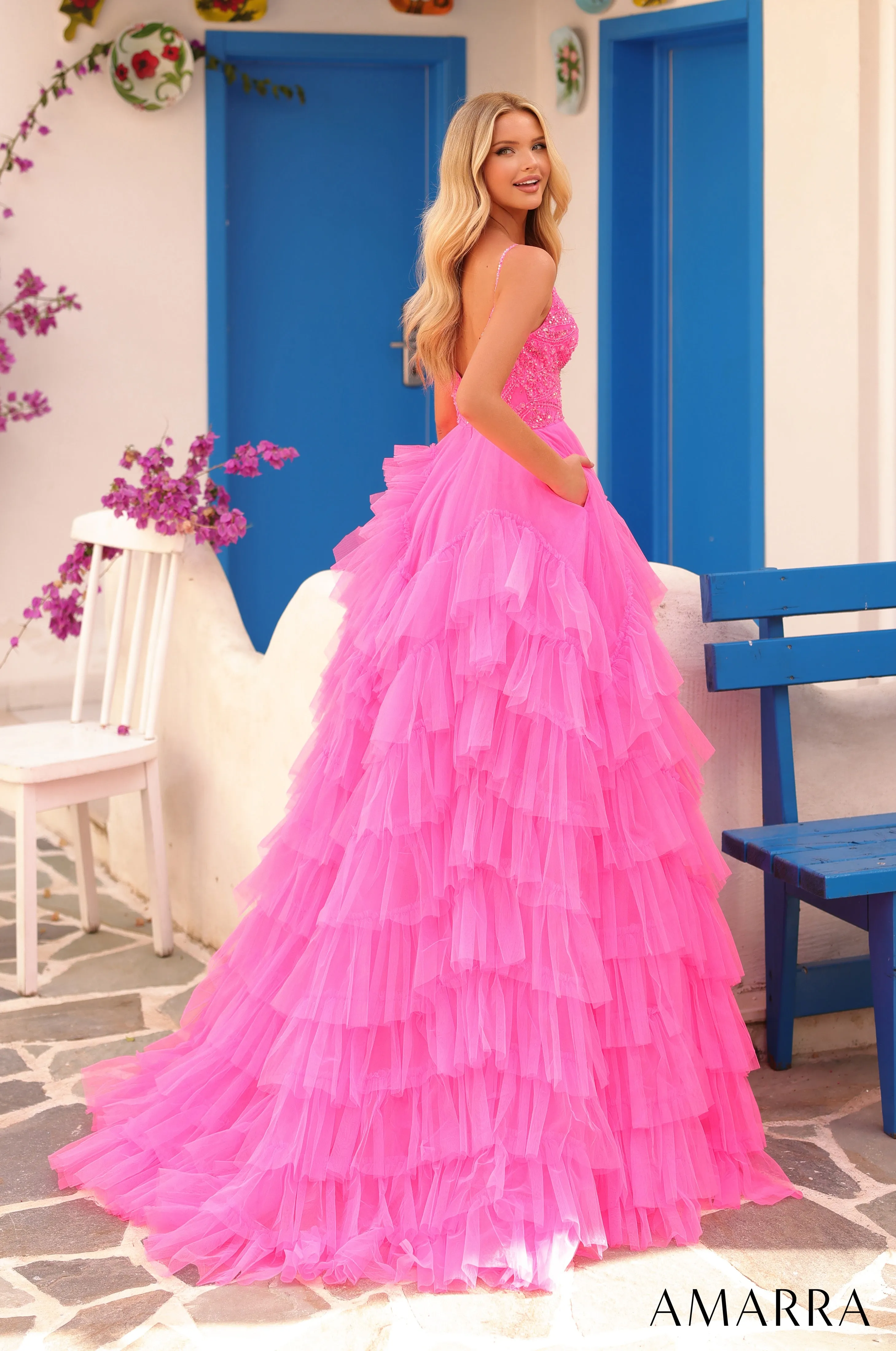 Amarra 88296 Layered Ruffle Ballgown Prom Dress Beaded Bodice Formal A Line Pageant Gown