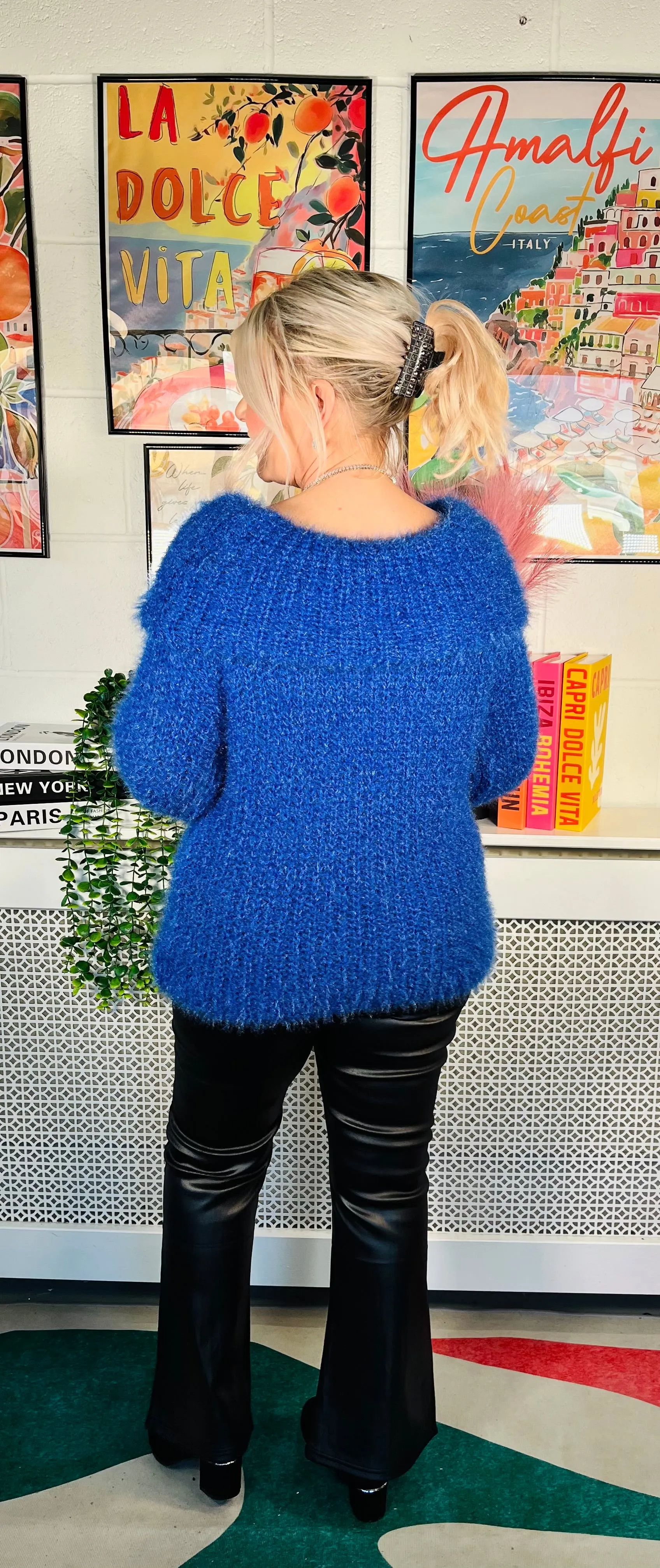 Anastasia Fluffy Bardot Jumper - Cobalt Blue