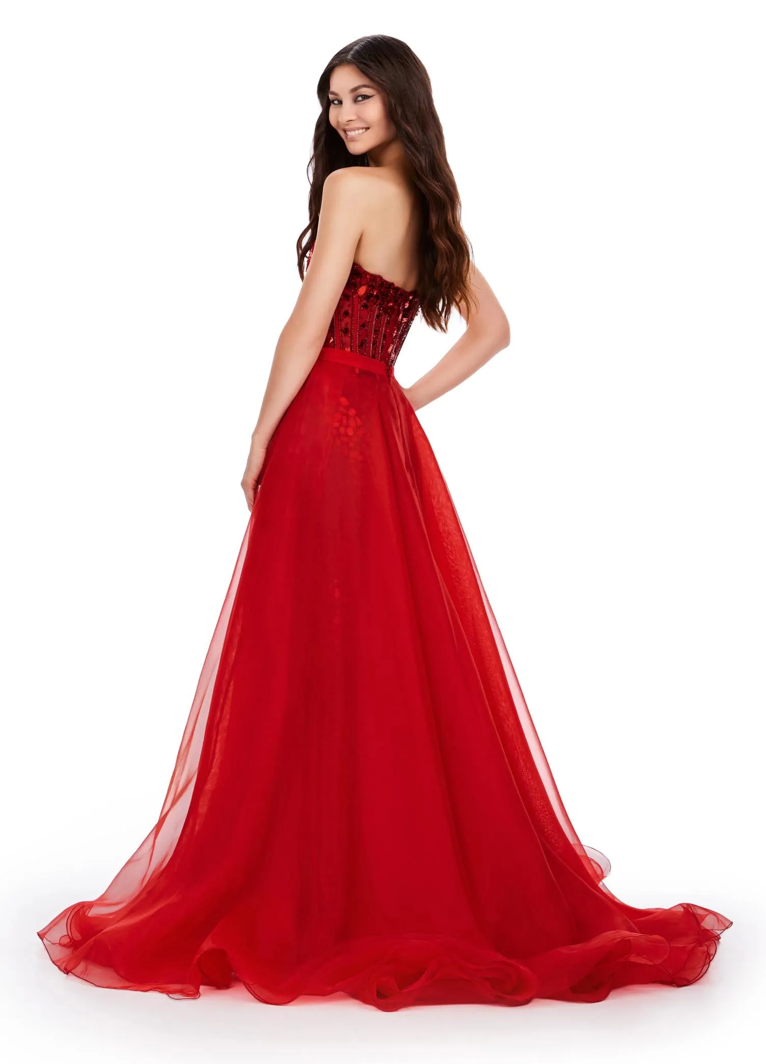 Ashley Lauren 1740 Size 0,12 Red Long Organza Pageant Overskirt Wire Hem Layered Train Detachable