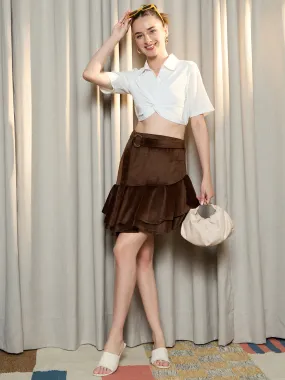 Berrylush Women Brown Solid High Rise Layered Wrap Mini Skirt