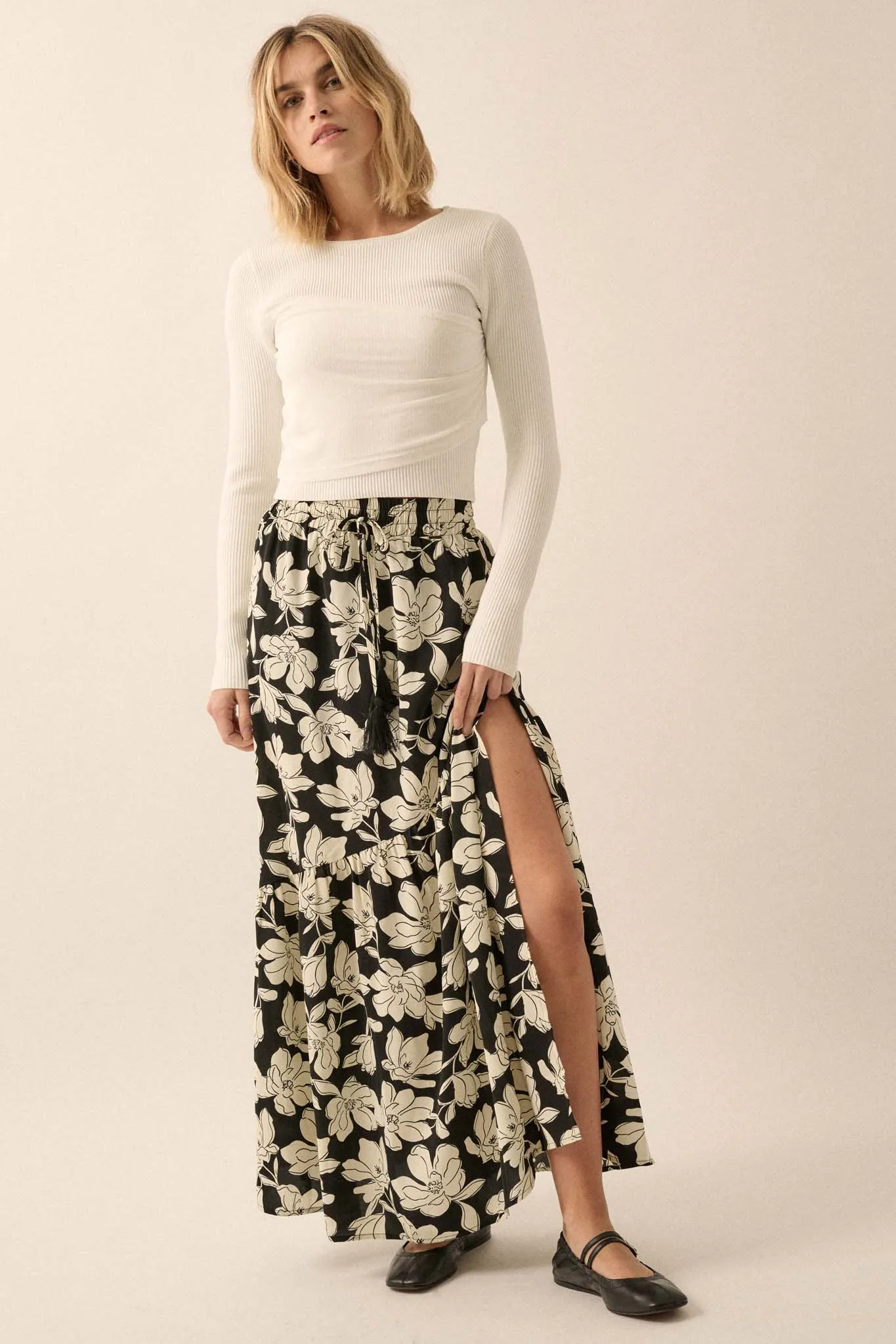 Black Orchid Floral-Print Asymmetrical Maxi Skirt