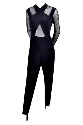 Black Stretch Tadashi Vintage Jumpsuit With Stirrups Sheer Illusion Halter