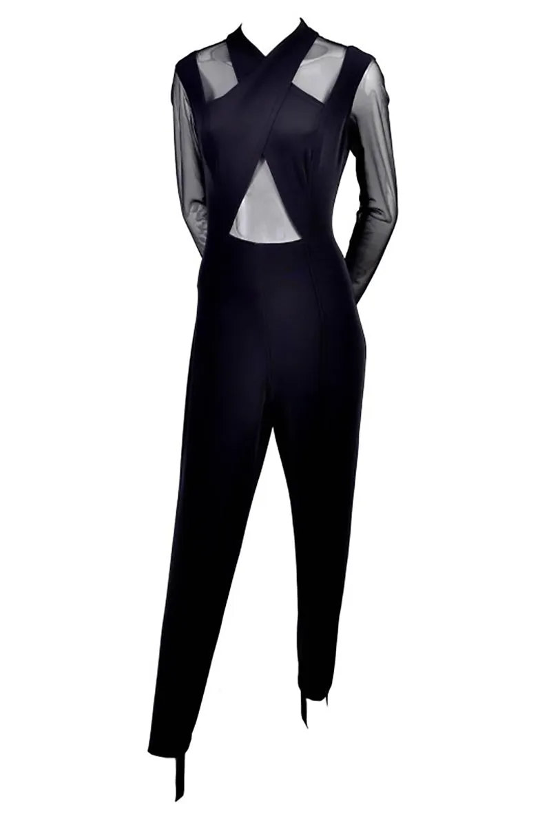 Black Stretch Tadashi Vintage Jumpsuit With Stirrups Sheer Illusion Halter