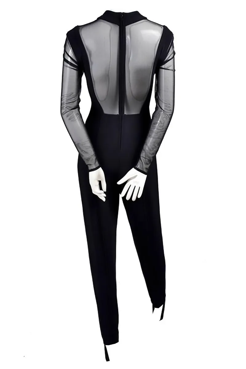 Black Stretch Tadashi Vintage Jumpsuit With Stirrups Sheer Illusion Halter