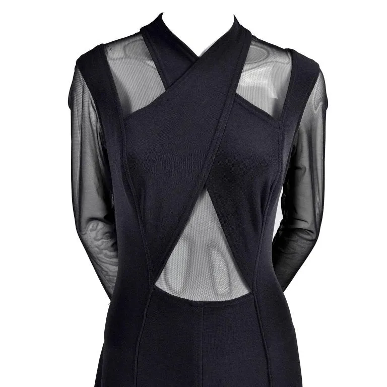 Black Stretch Tadashi Vintage Jumpsuit With Stirrups Sheer Illusion Halter
