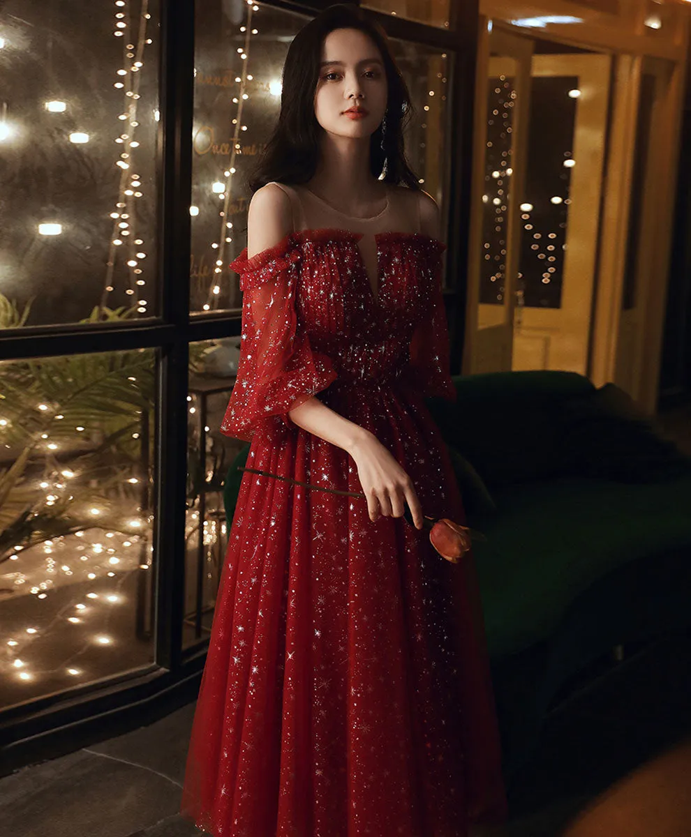 Burgundy Round Neck Tulle Sequin Short Prom Dress, Burgundy Homecoming Dress