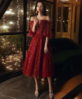 Burgundy Round Neck Tulle Sequin Short Prom Dress, Burgundy Homecoming Dress