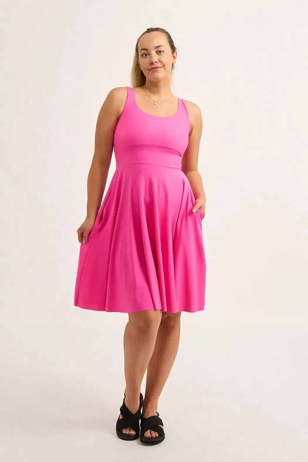 Candy Pink Silky - Scoop Neck Comfort Crop Midi Dress W/ Pockets