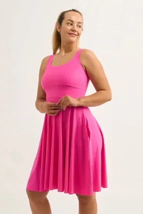 Candy Pink Silky - Scoop Neck Comfort Crop Midi Dress W/ Pockets