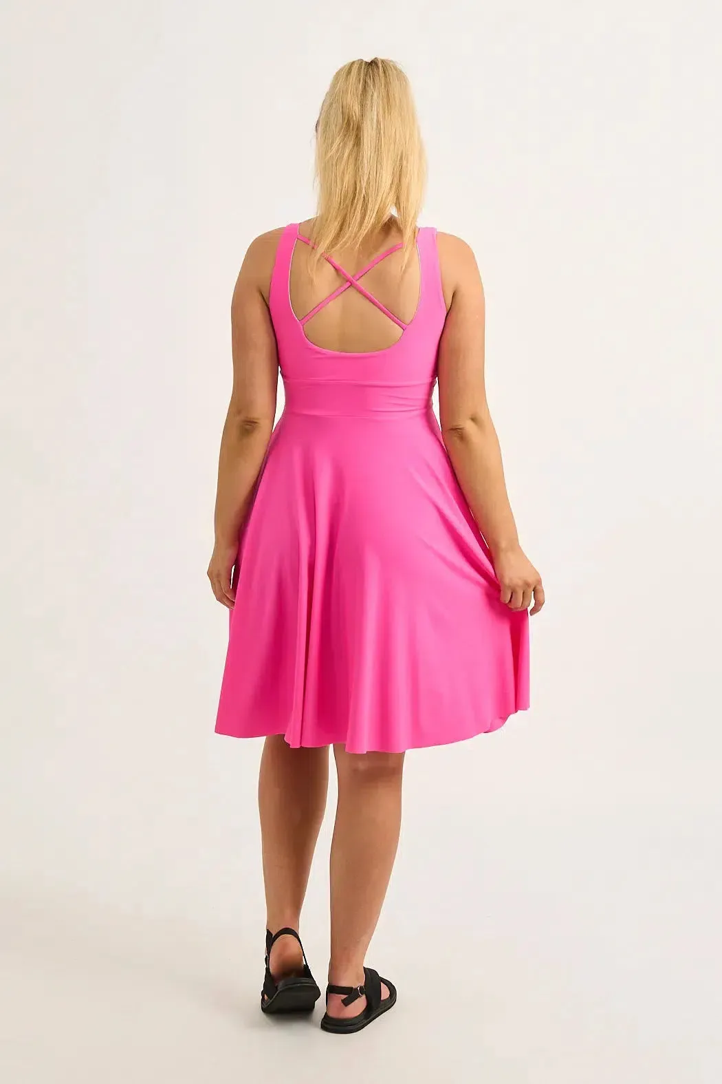Candy Pink Silky - Scoop Neck Comfort Crop Midi Dress W/ Pockets