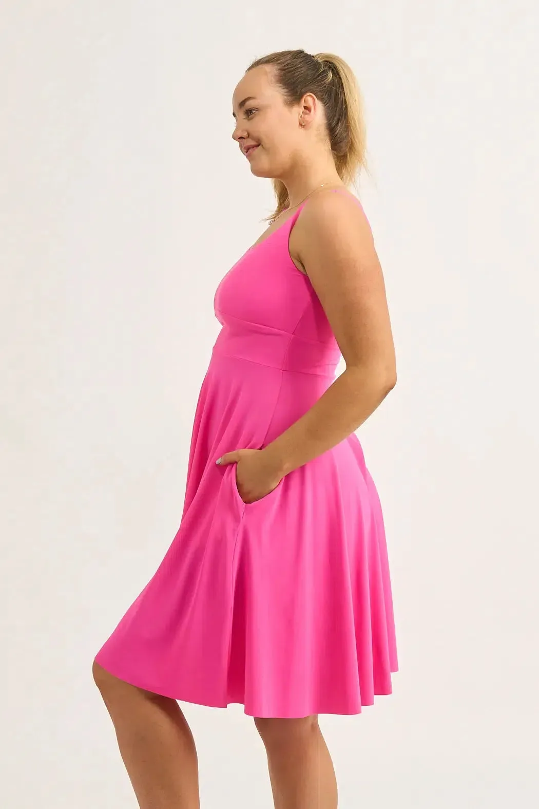 Candy Pink Silky - Scoop Neck Comfort Crop Midi Dress W/ Pockets