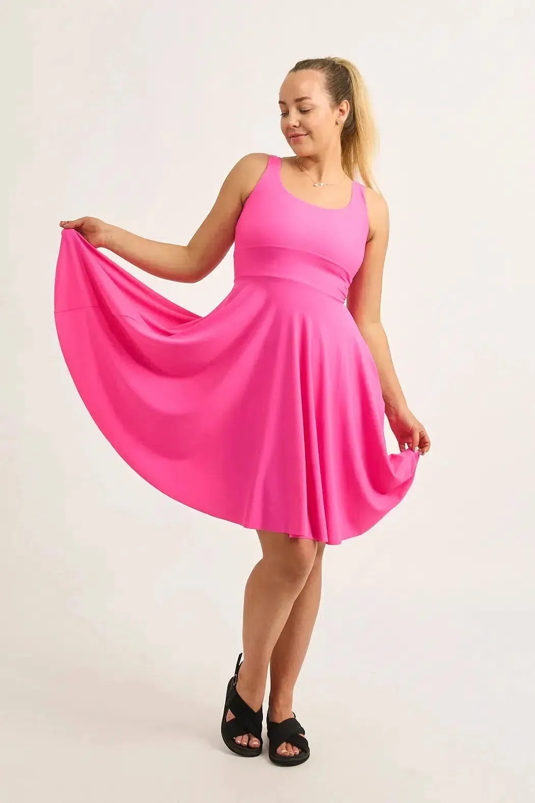 Candy Pink Silky - Scoop Neck Comfort Crop Midi Dress W/ Pockets