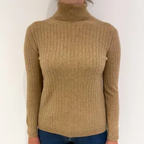 Caramel Brown Rib Cashmere Polo Neck Jumper Small