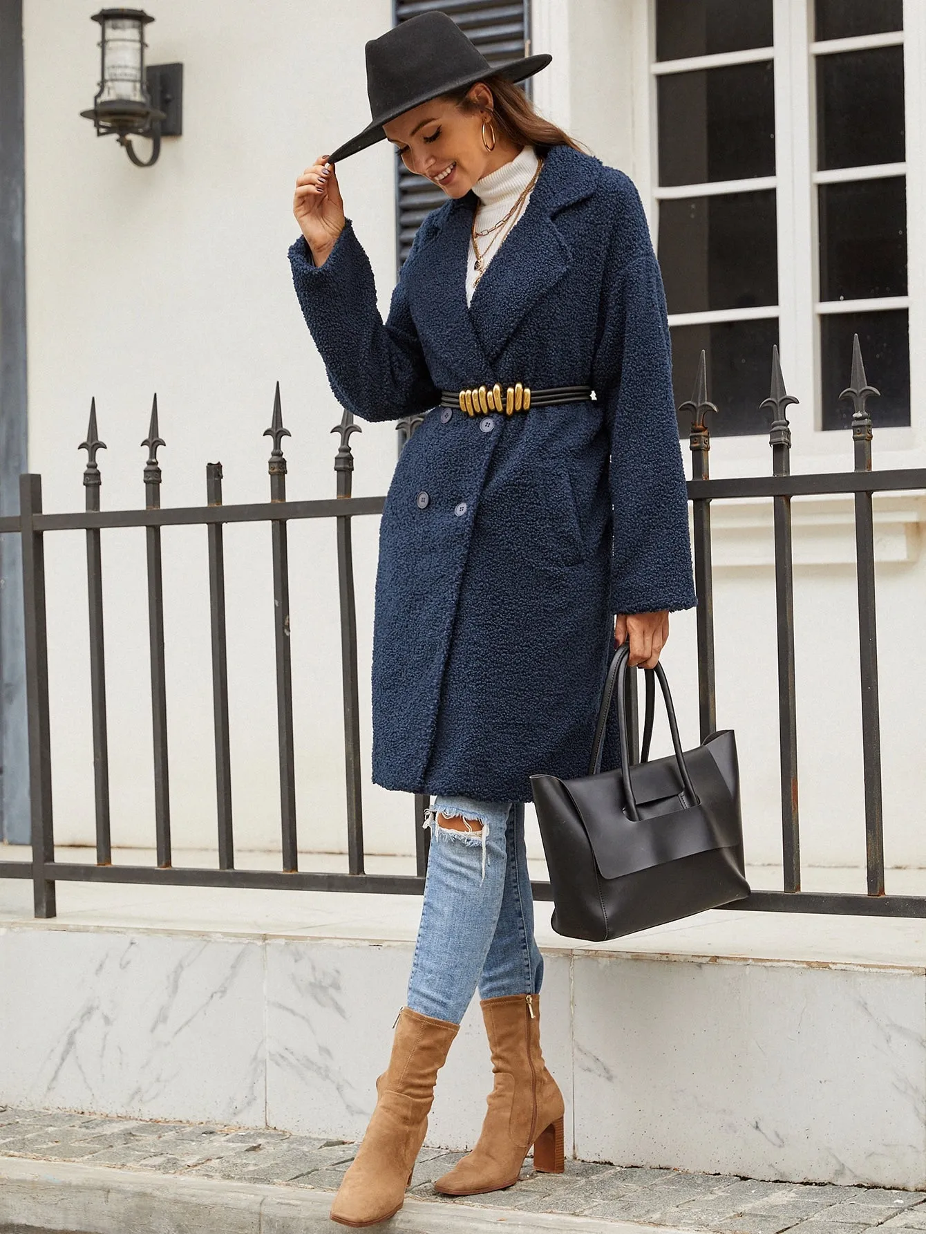 Casual Plain Button Long Sleeve Lapel Knee Length Women Coat