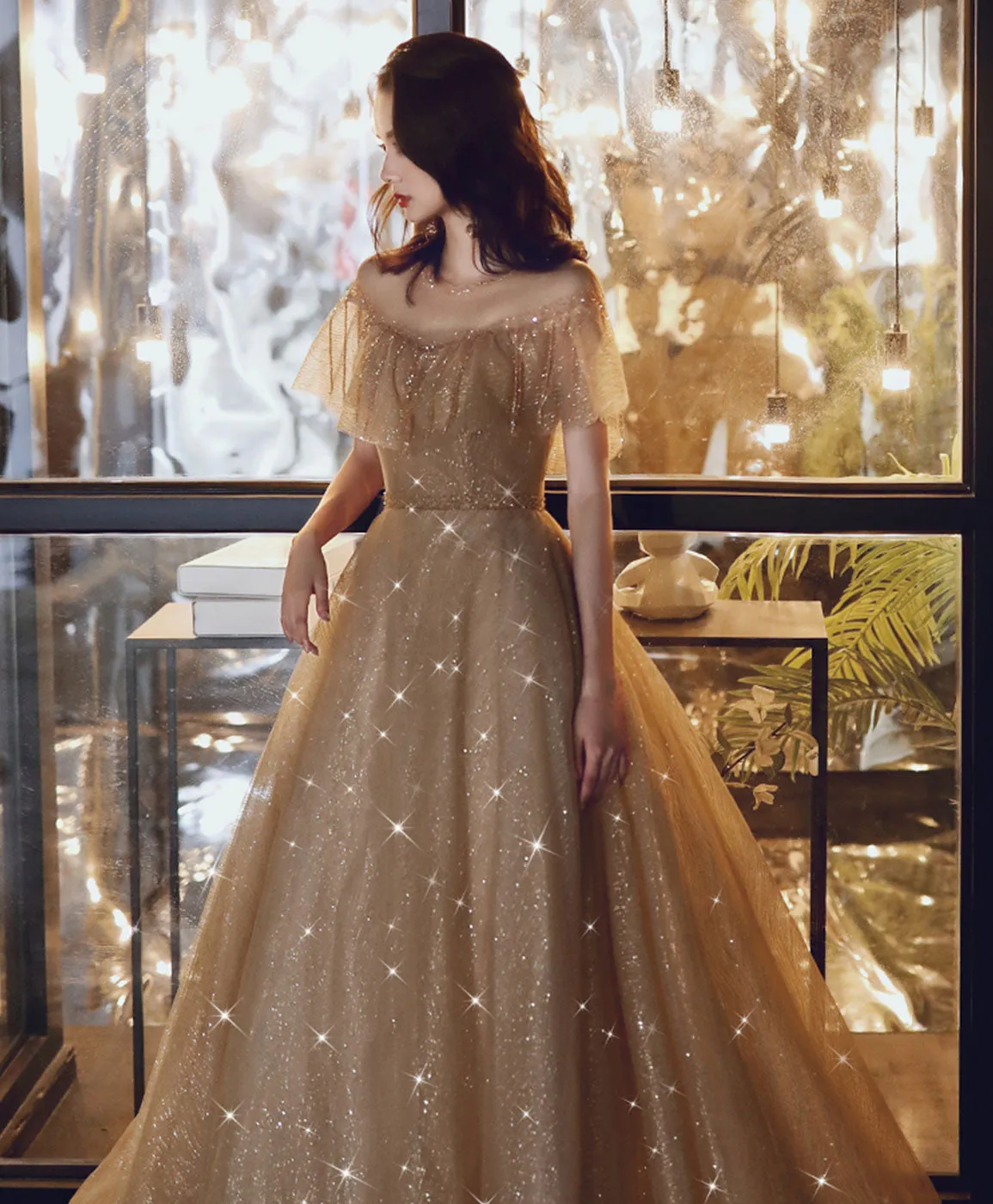 Champagne Round Neck Tulle Sequin Long Prom Dress Tulle Formal Dress