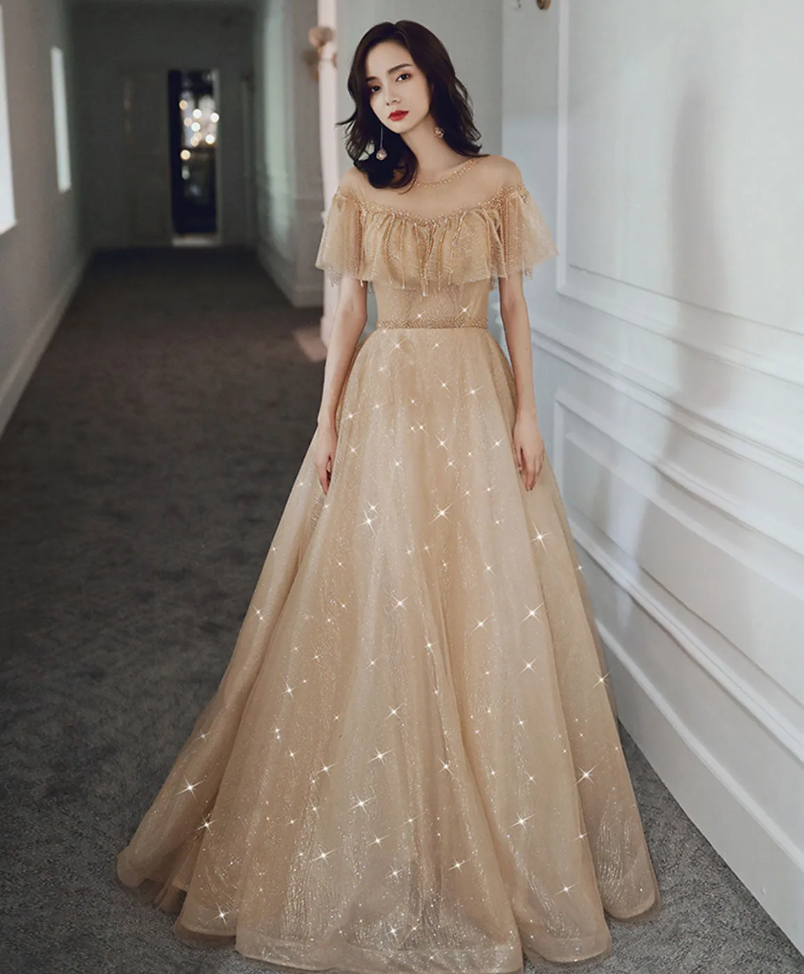 Champagne Round Neck Tulle Sequin Long Prom Dress Tulle Formal Dress