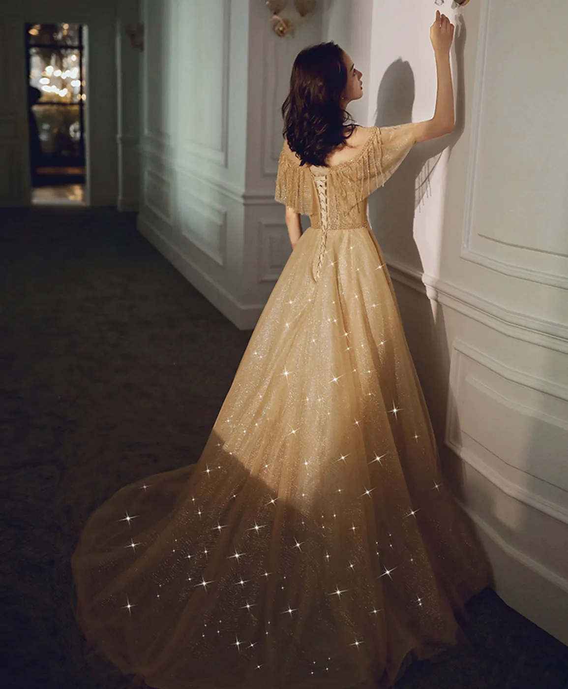 Champagne Round Neck Tulle Sequin Long Prom Dress Tulle Formal Dress