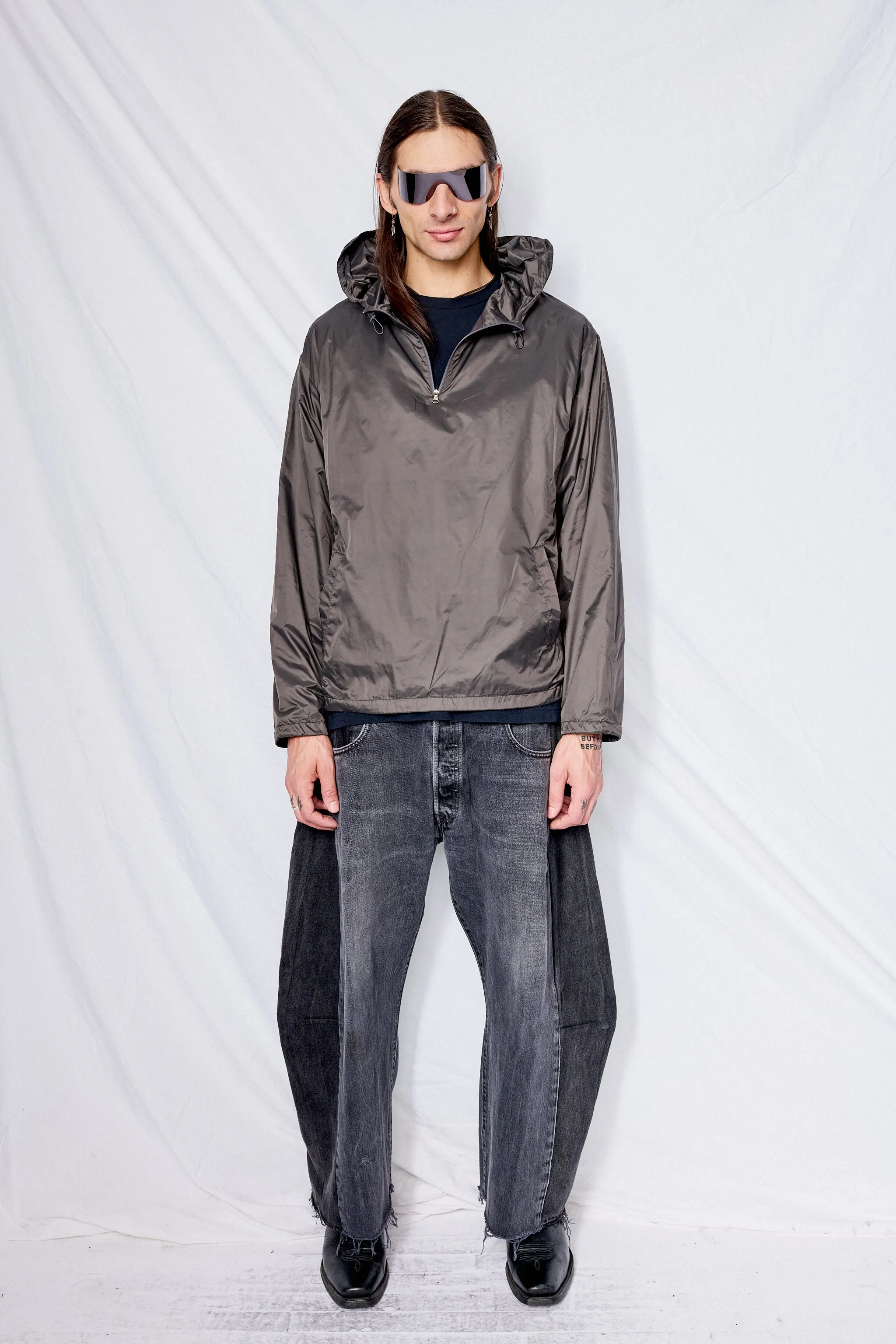 Charcoal Glossy Nylon Half Zip-Up Jumper