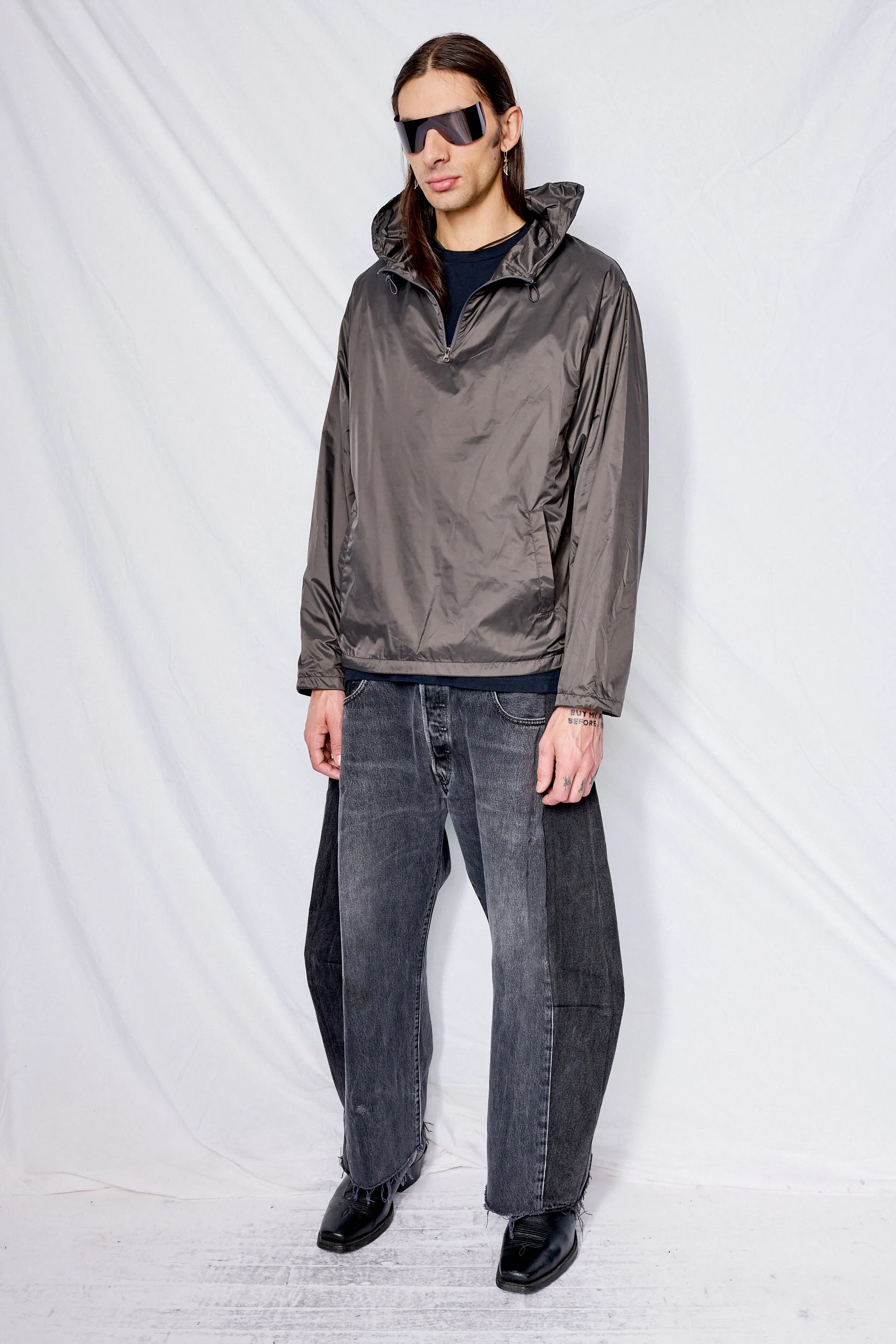 Charcoal Glossy Nylon Half Zip-Up Jumper