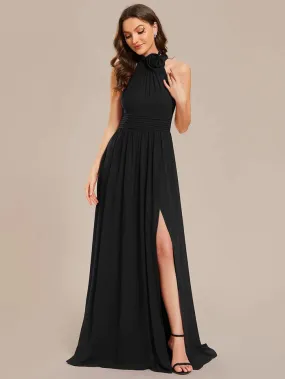 Chiffon Halter Straps Sleeveless Pleated A-Line High Slit Maxi Bridesmaid Dress
