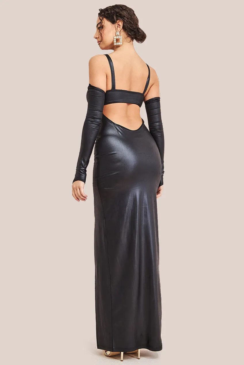 City Goddess Faux Leather Cut Out Maxi Dress