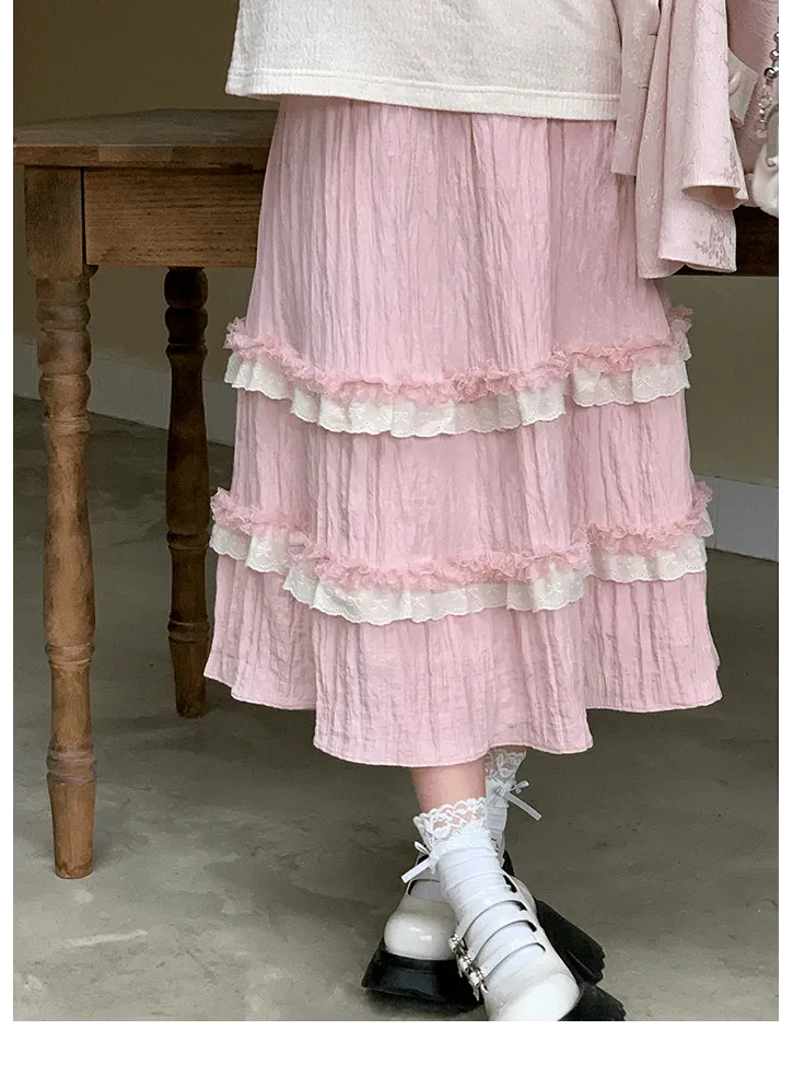 Coquette Sweet Pink Lace Layered Long Gathered Skirt
