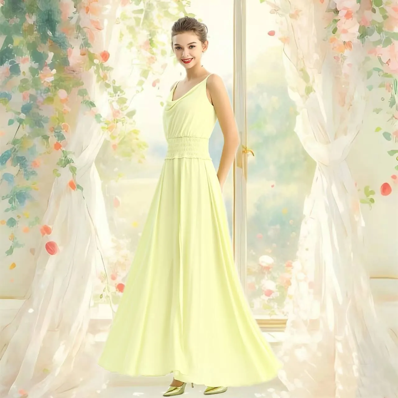 D207 Women solid heavy georgette cowl neck maxi evening dress