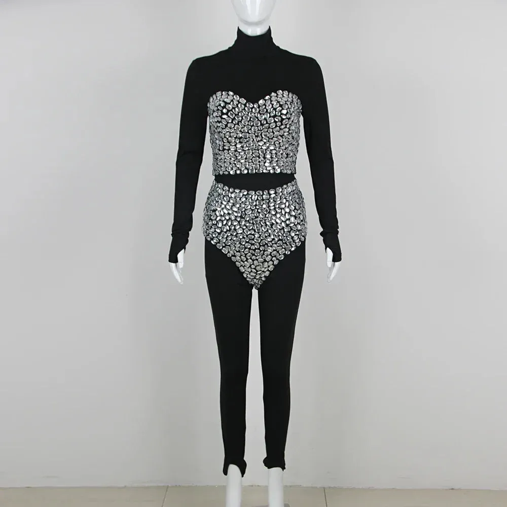 Diamond Decorated High Waist Jumpsuit Set
