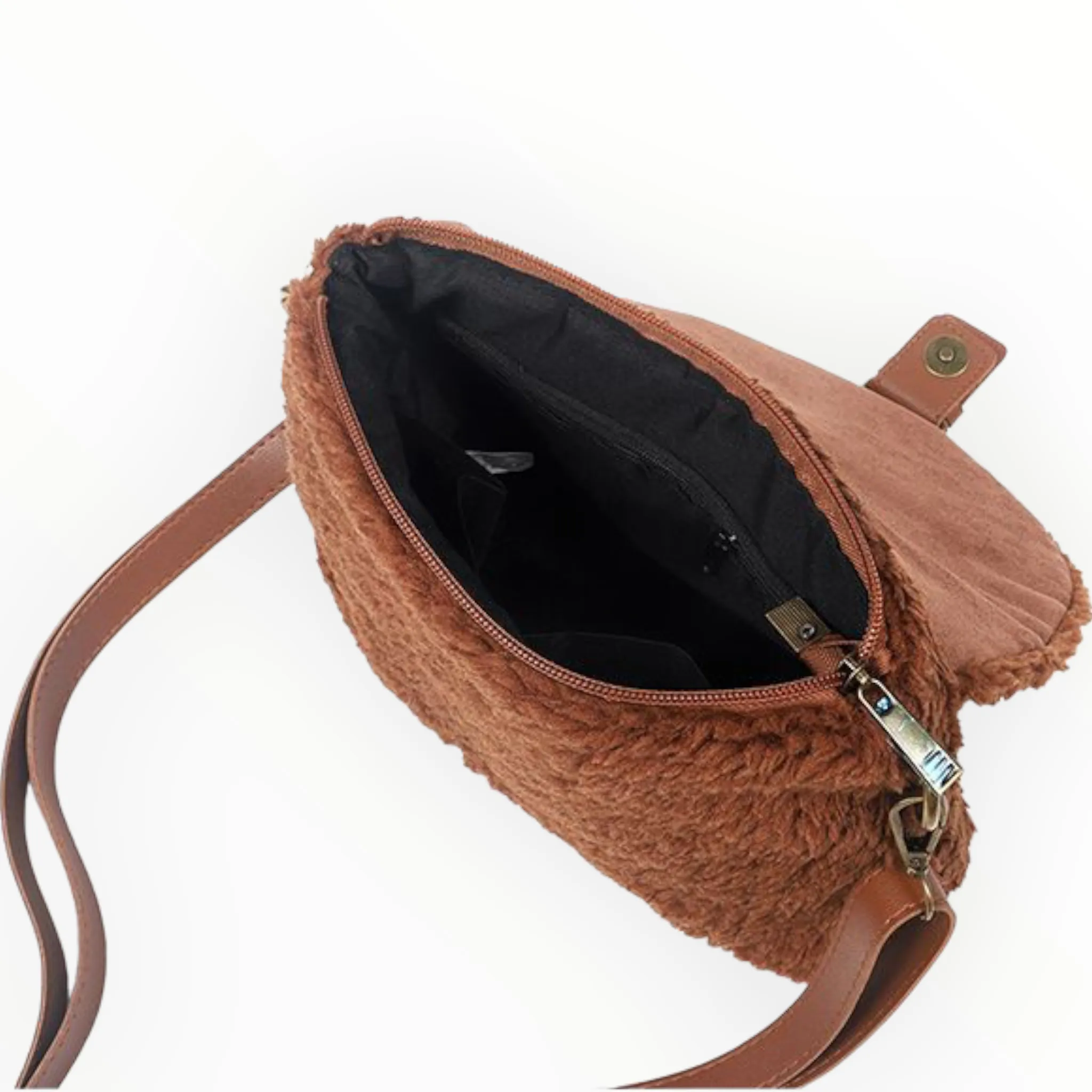 Donker Camel teddy schoudertasje / crossbody Bukti
