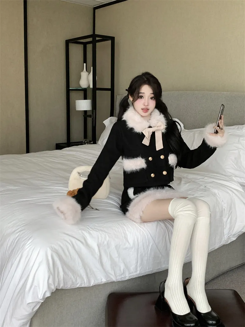 Elegant Lady Chic Fur Collar Fur Cuffs Black Jacket & Skirt Two Piece Set