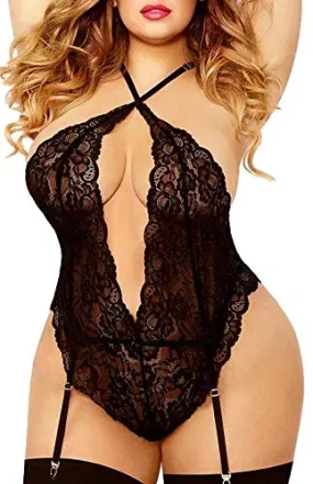 EVELUST Plus Size Lingerie for Women, Twisted Keyhole Opening High Criss-Cross Plunging Lace Trim Teddy (L, Black)…