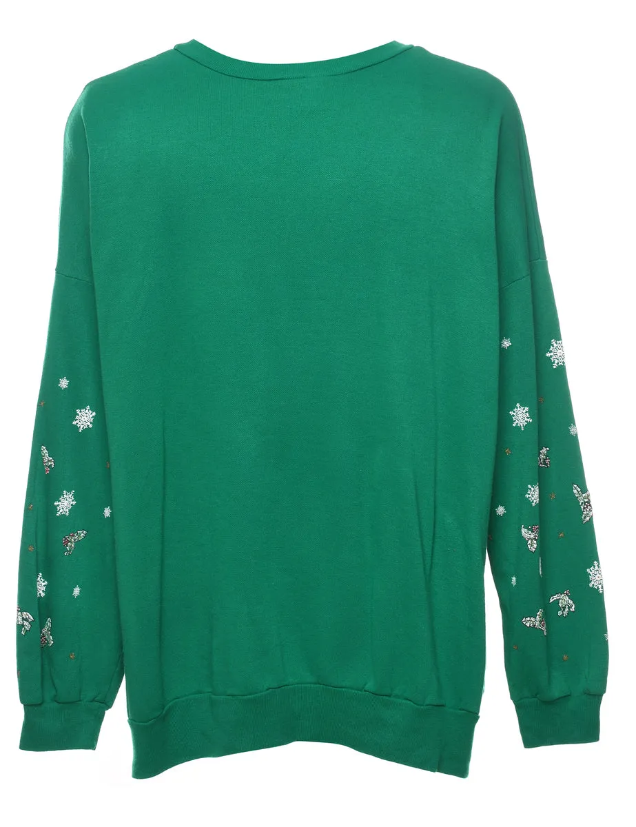 Festive Season Green Printed Christmas Sweatshirt - L
