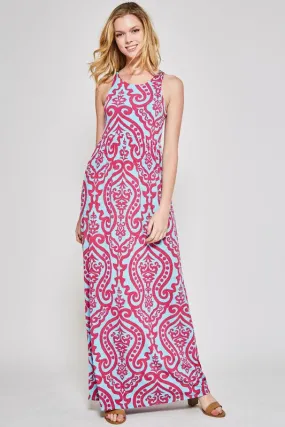 Garden Party Maxi Dress - Fuchsia and Aqua Damask