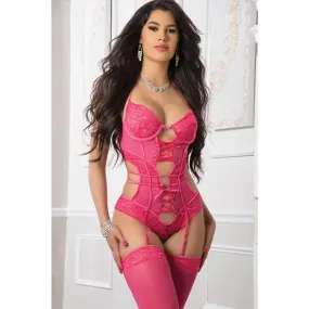 Garter Halter Teddy W/wired Cups & Stockings Strawberry Daiquiri O/s