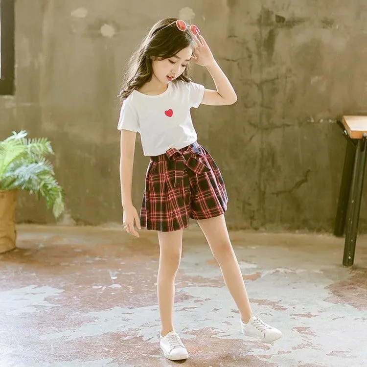 Girls' Cotton Grid Pattern Short-Sleeve Blouse and Culottes Set